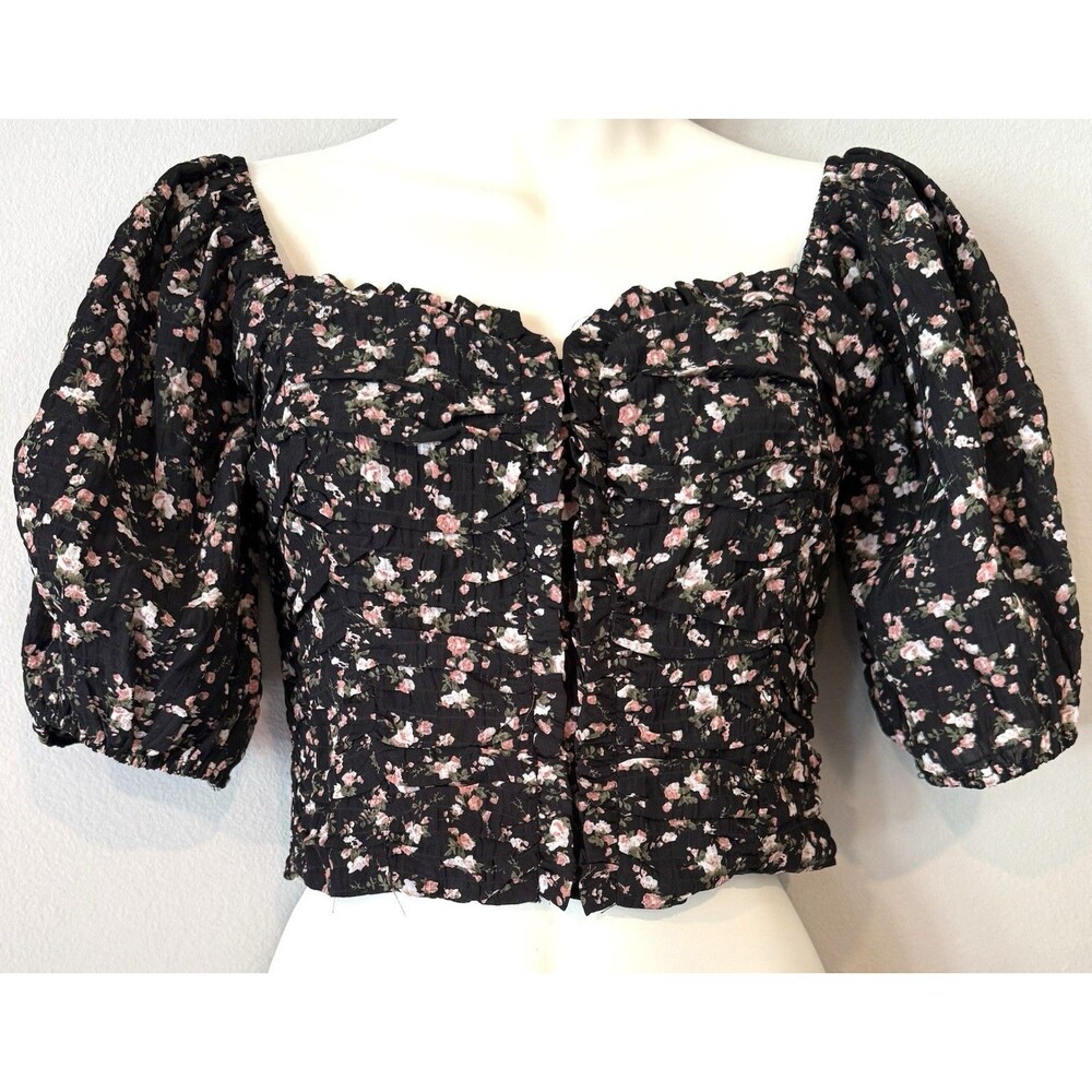 Altar’d State Womens Small Crop Top Black Floral Boho Coquette Whimsical Y2K